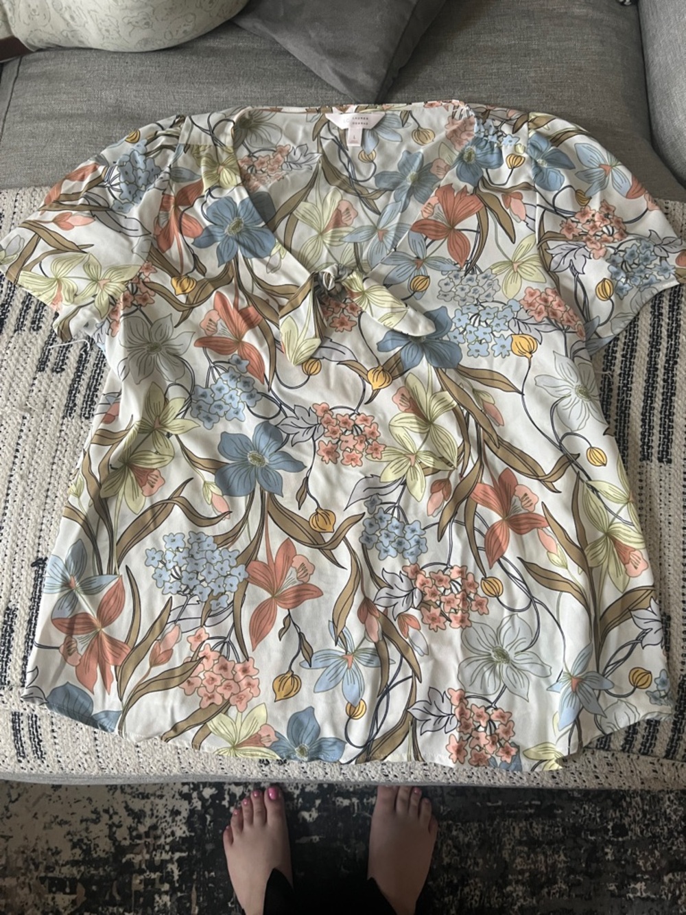 LC Lauren Conrad Floral Tie-Neck Blouse in White, Blue, Peach, Green
